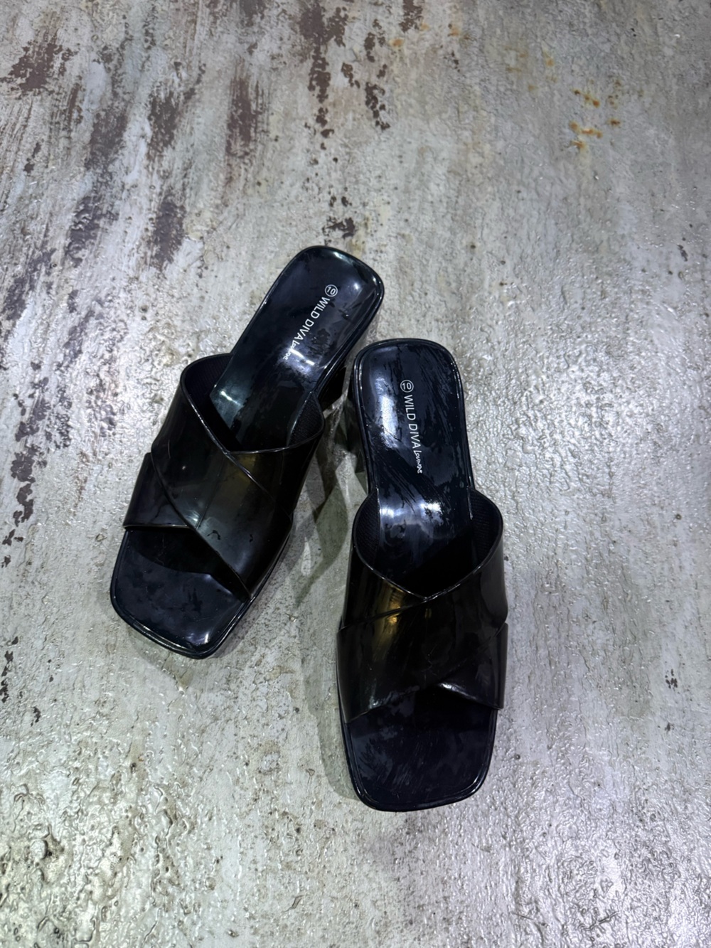 Wild Diva Black Patent Crossover Slide Mules
